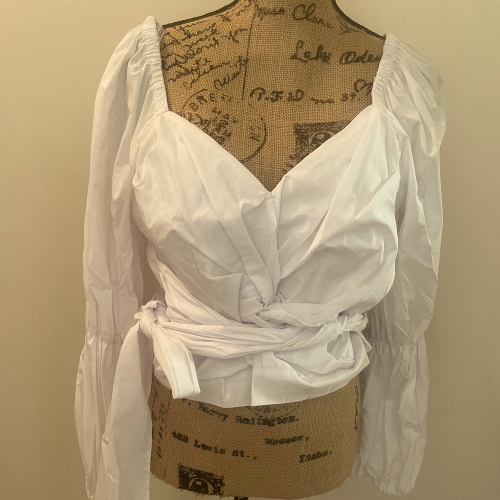 Eloquii White Wrap Crop Top with Long Puff Sleeves